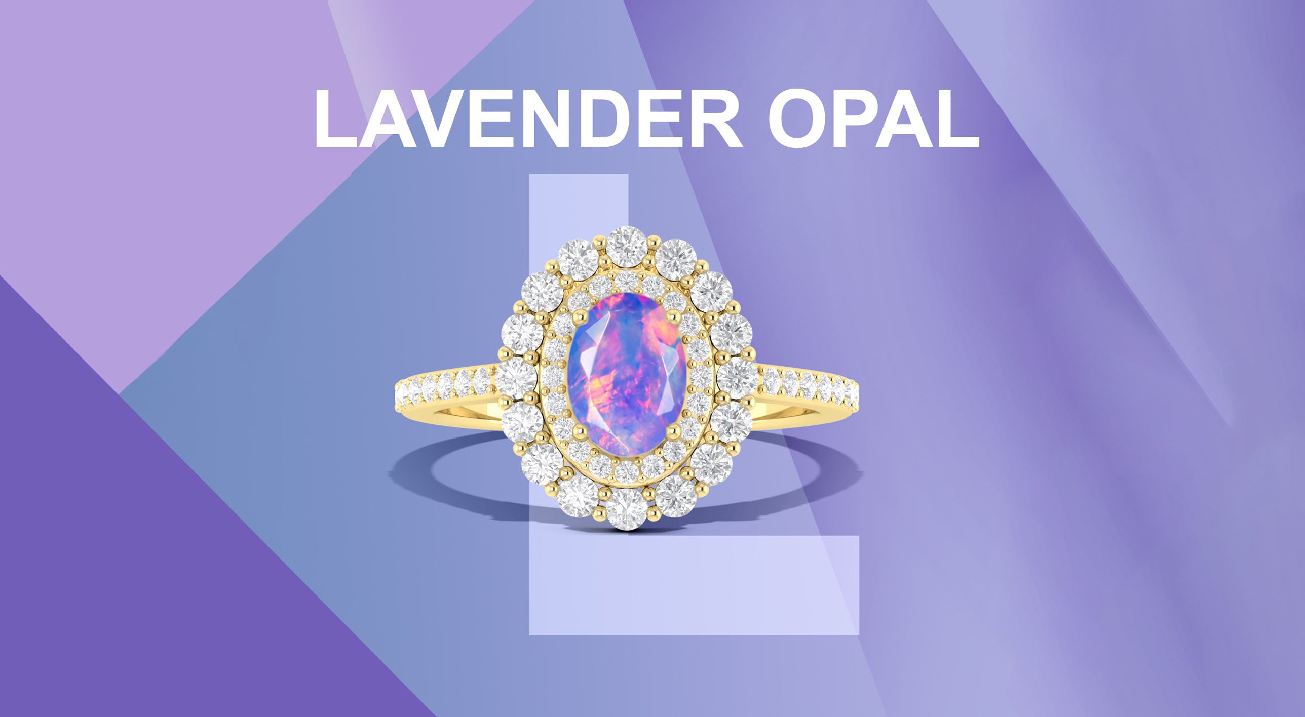 Lavender opal engagement ring with oval gemstone and diamond halo in gold band
