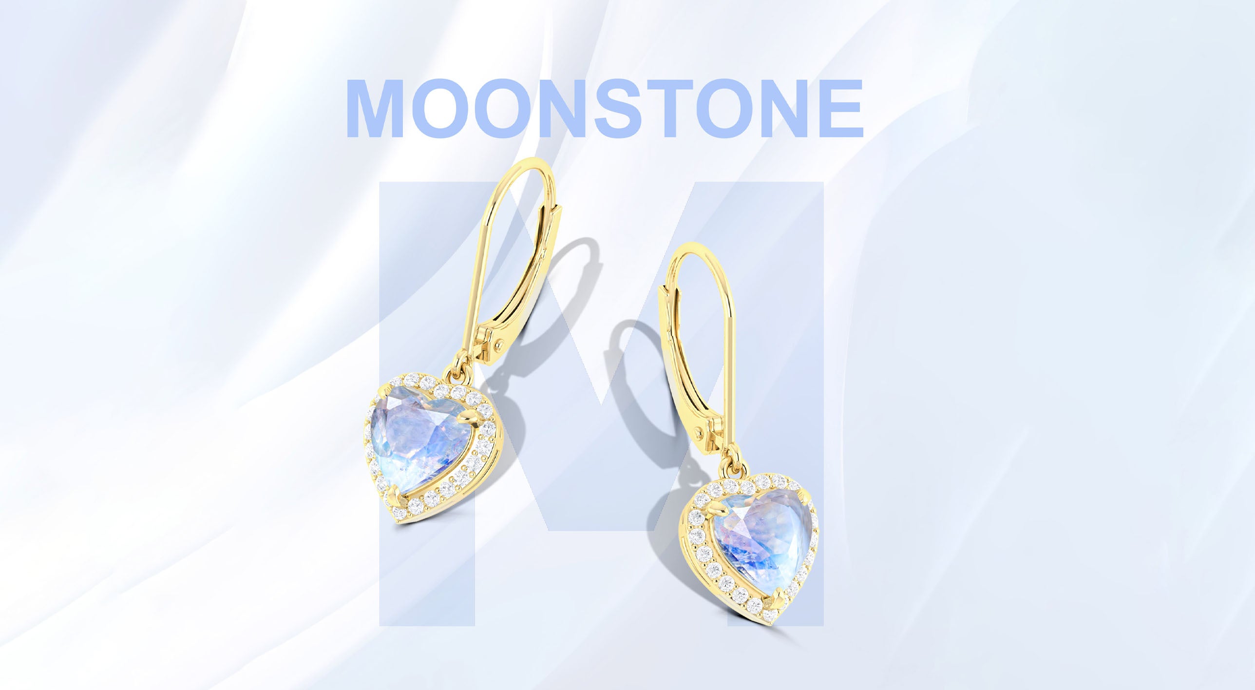 Moonstone drop earrings in gold with heart-shaped gemstones and diamond accents