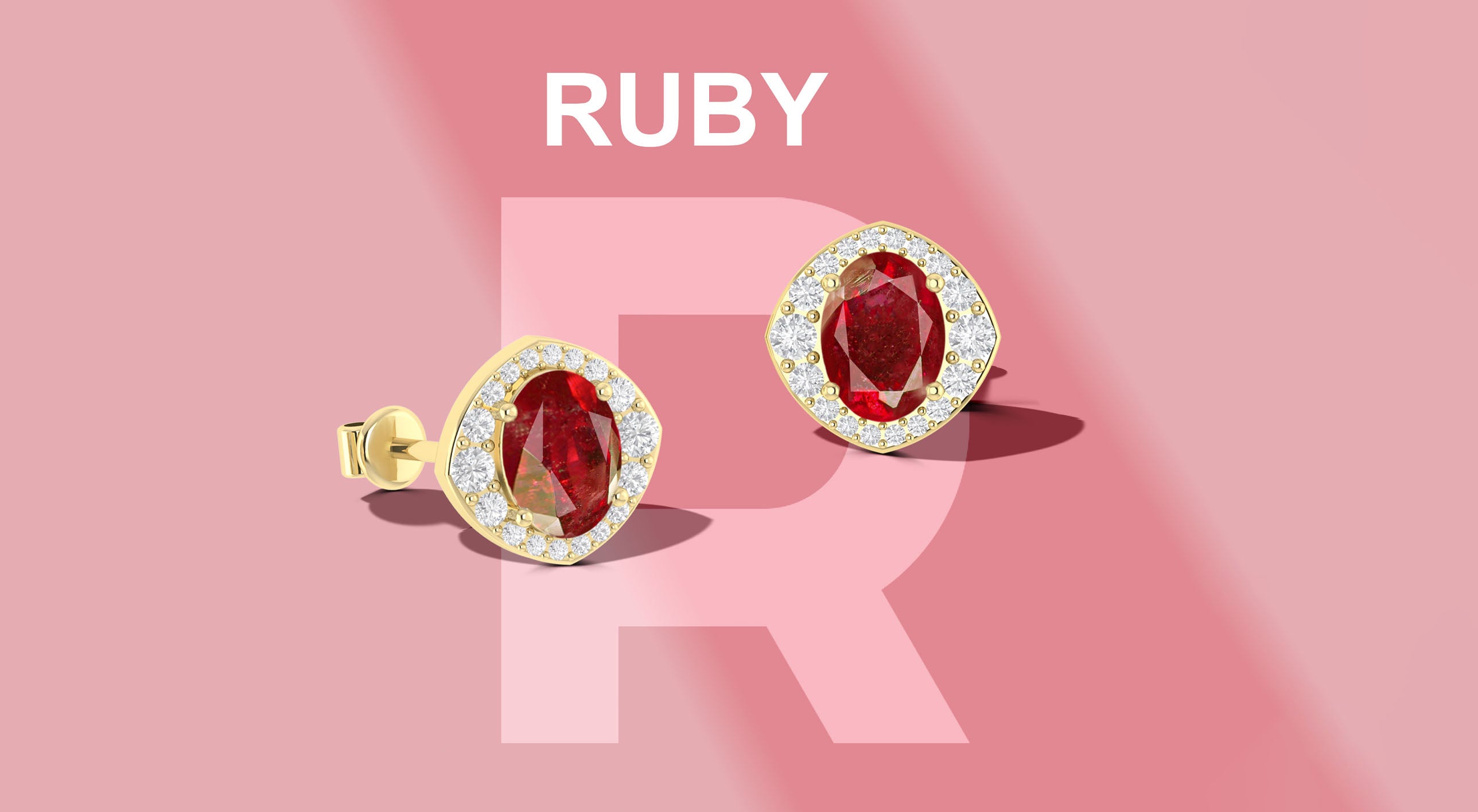 Ruby stud earrings with oval red gemstone and diamond halo in gold setting