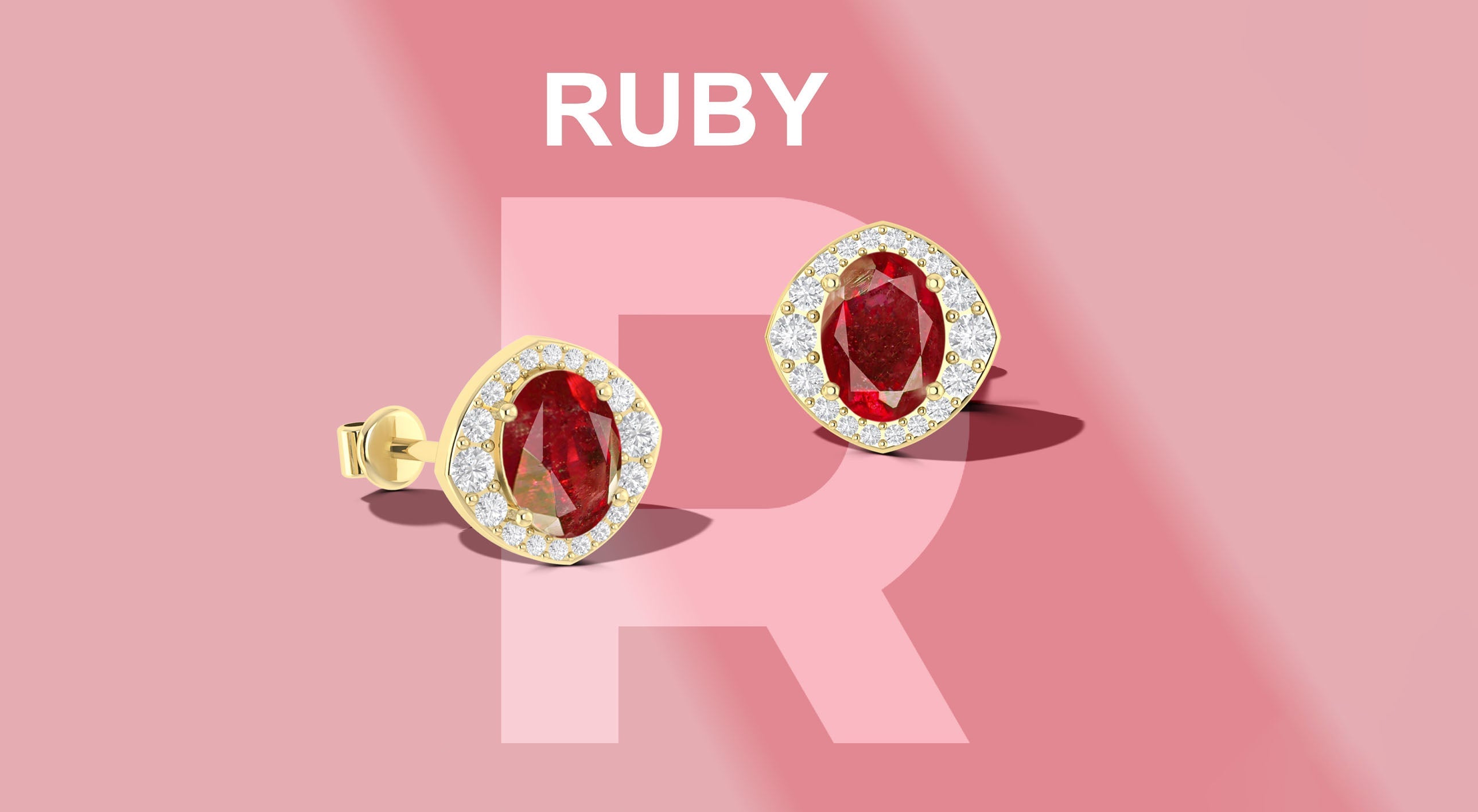 Ruby stud earrings with oval red gemstone and diamond halo in gold setting
