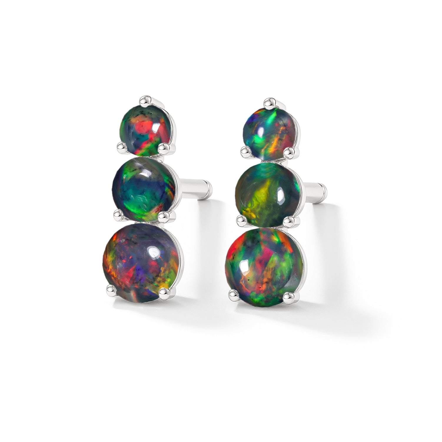 Real Black 925 Sterling Silver Stones Opal Triple Round Stud Earrings