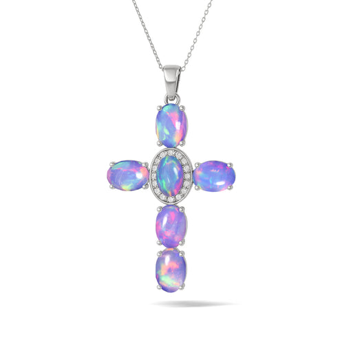 Lavender Opal Oval Holy Cross Pendant Necklace in 925 Sterling Silver