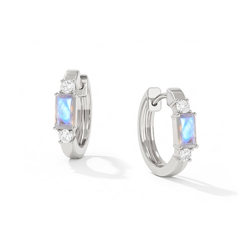 Natural Moonstone Baguette Hoop Earrings 925 Silver 5x3mm Stones