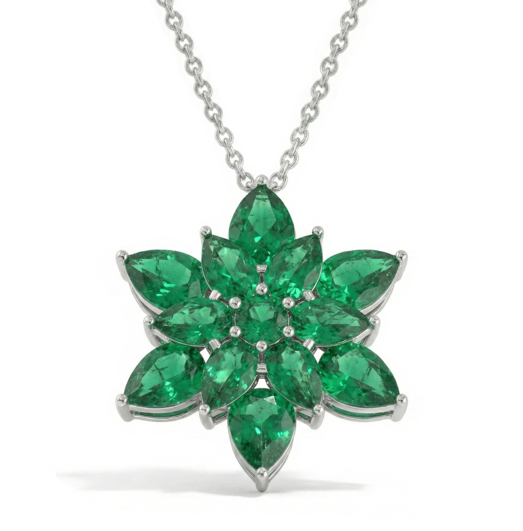 Emerald Pear Floral Pendant Necklace in 925 Sterling Silver 5.70ct