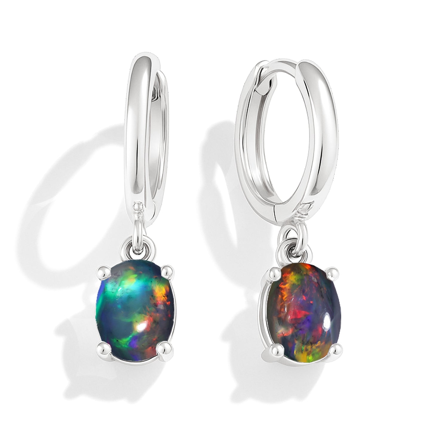Real Black Opal Oval Drop Hoop Earrings in 925 Sterling Silver