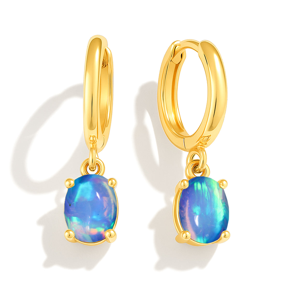 925 Sterling Silver Blue Opal Oval Drop Hoop Earrings Luxury 1.80 Ct