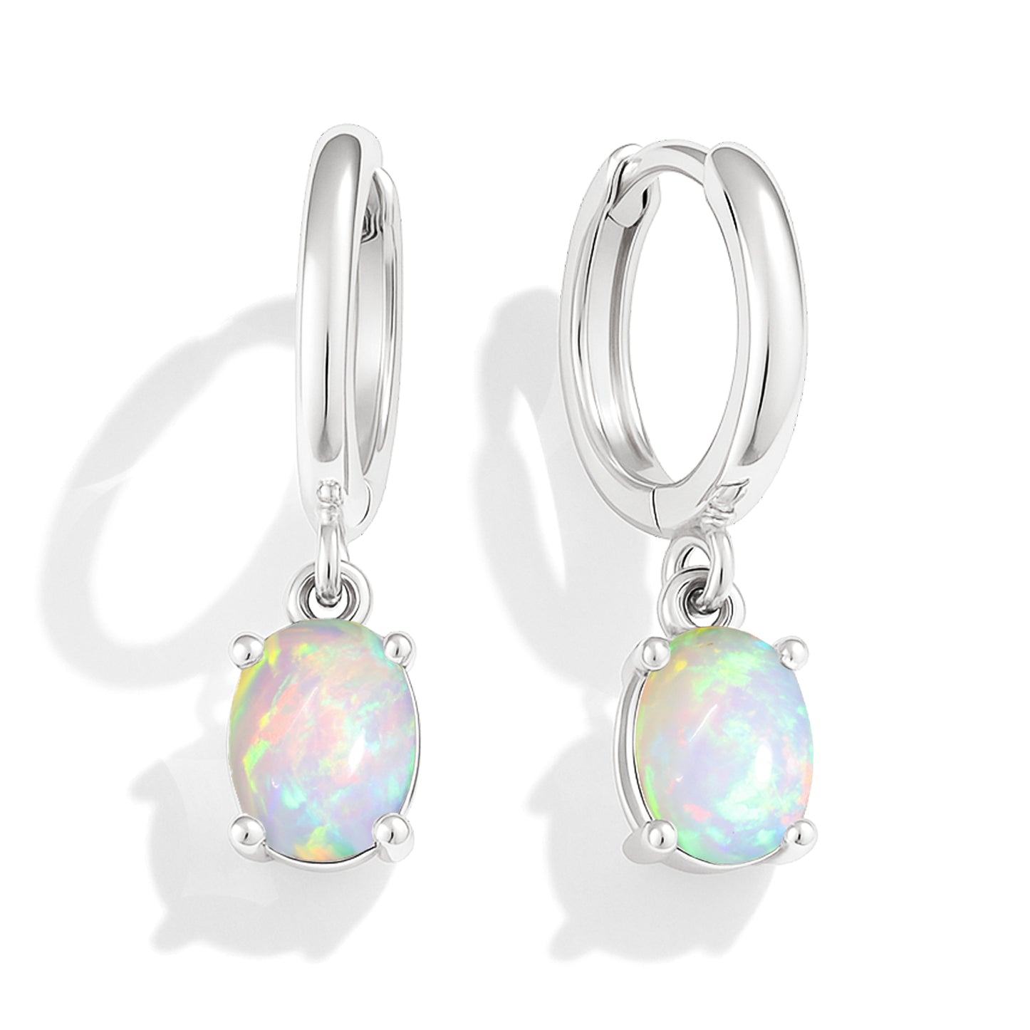 Real White 925 Sterling Silver Opal Oval Drop Hoop Earrings