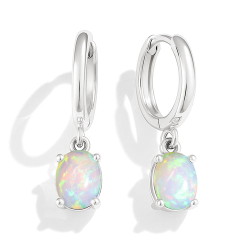 925 Sterling Silver White Opal Oval Drop Hoop Earrings Luxury 1.80 Ct