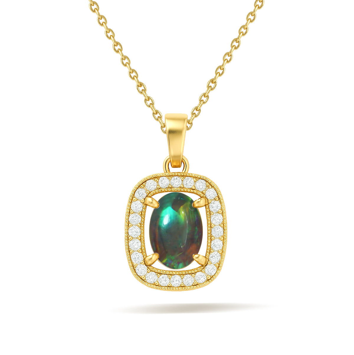 Black Opal 9x7mm Oval Halo Pendant Necklace in 925 Silver Chain