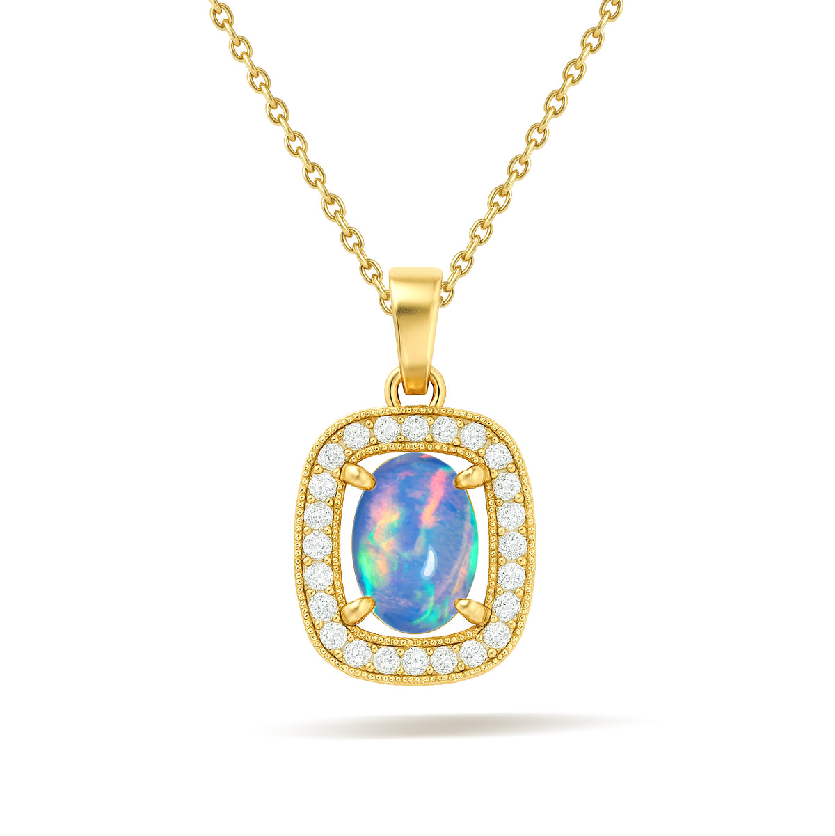 Blue Opal 9x7mm Oval Halo Pendant Necklace in 925 Silver Chain