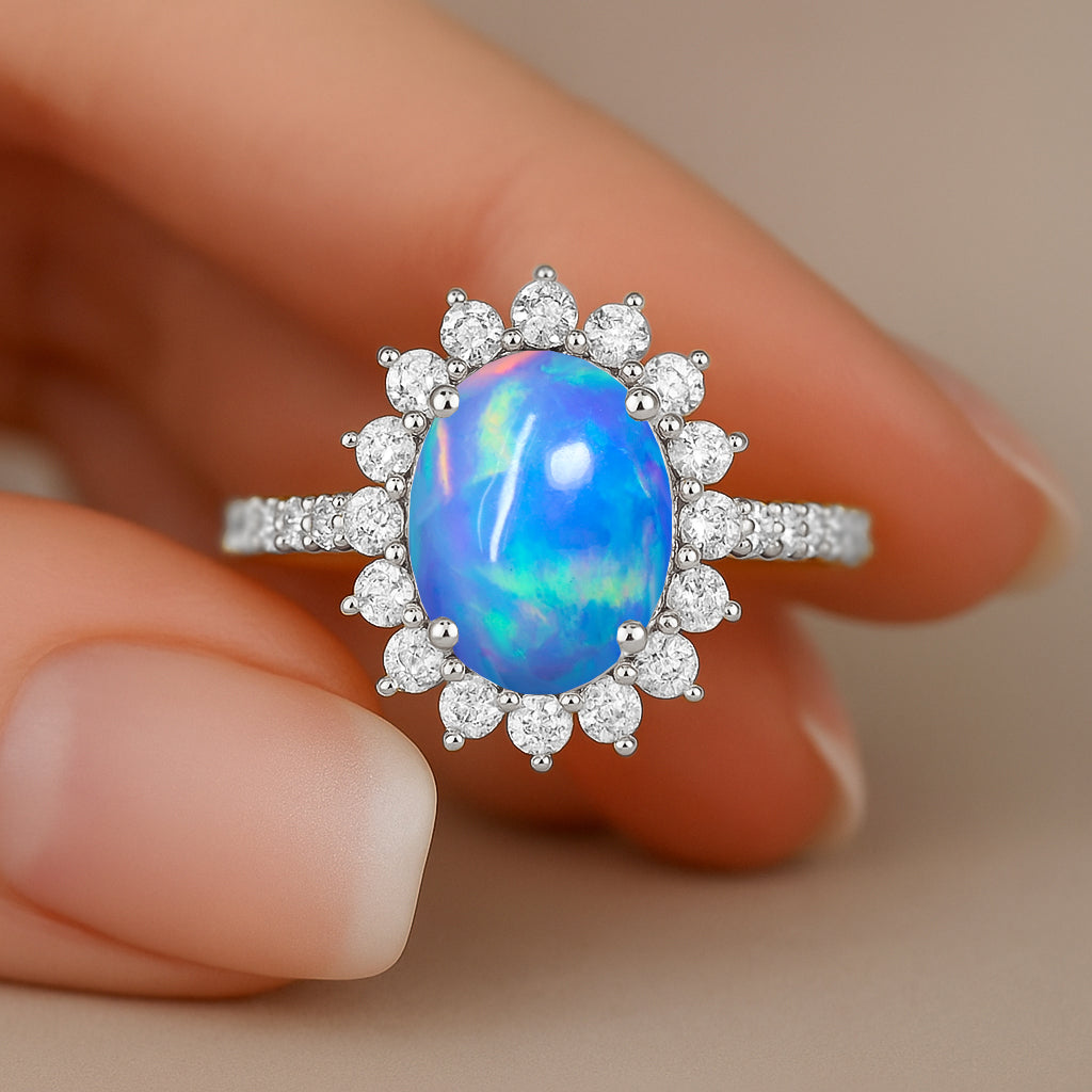 Natural Fire Blue Opal Gemstone Halo Style Ring