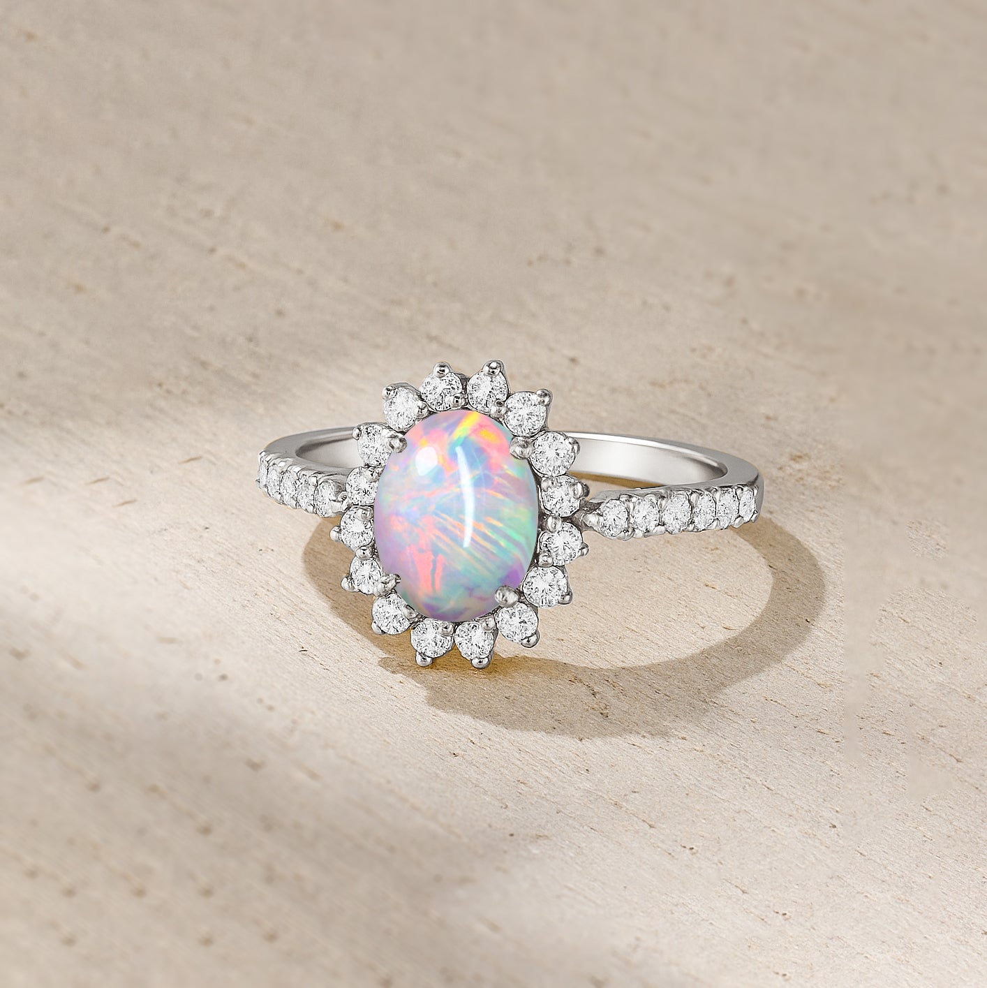 White Ethiopian Opal Gemstone Halo Style Ring