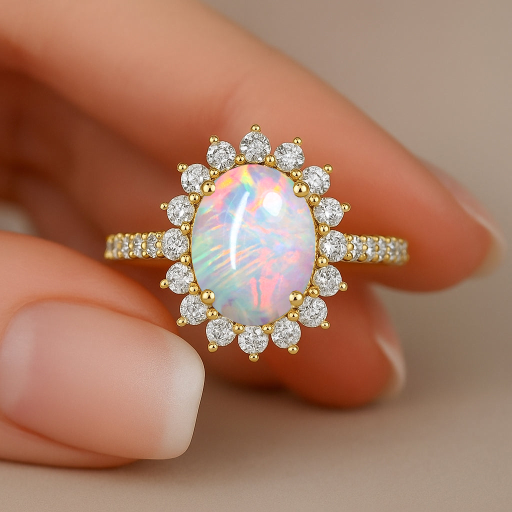 White Ethiopian Opal Gemstone Halo Style Ring