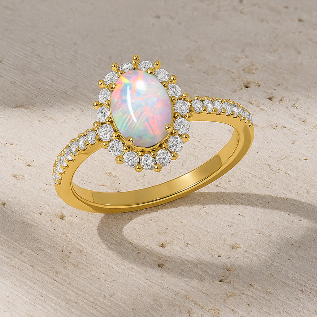 White Ethiopian Opal Gemstone Halo Style Ring