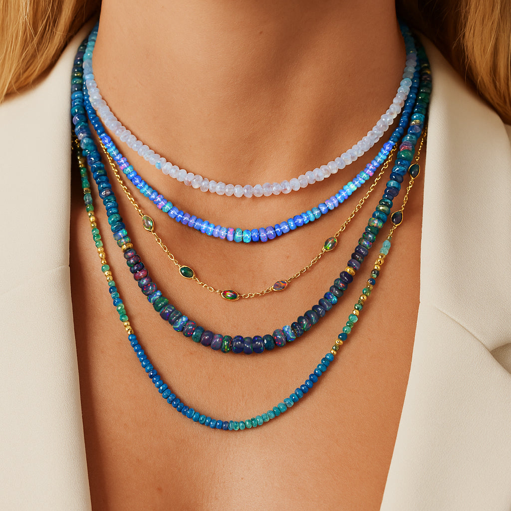 Layered opal and gemstone beaded necklaces – multi-strand blue and white stone jewelry for women