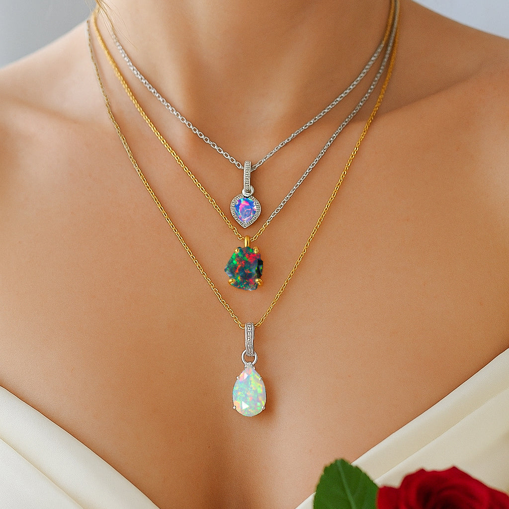 Layered opal necklaces for women – elegant white opal, fire opal and teardrop opal pendants