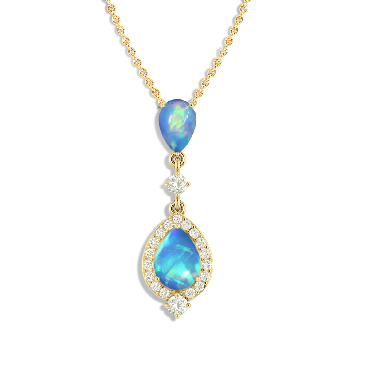 Blue Opal Pear Halo Pendant Necklace in 925 Sterling Silver