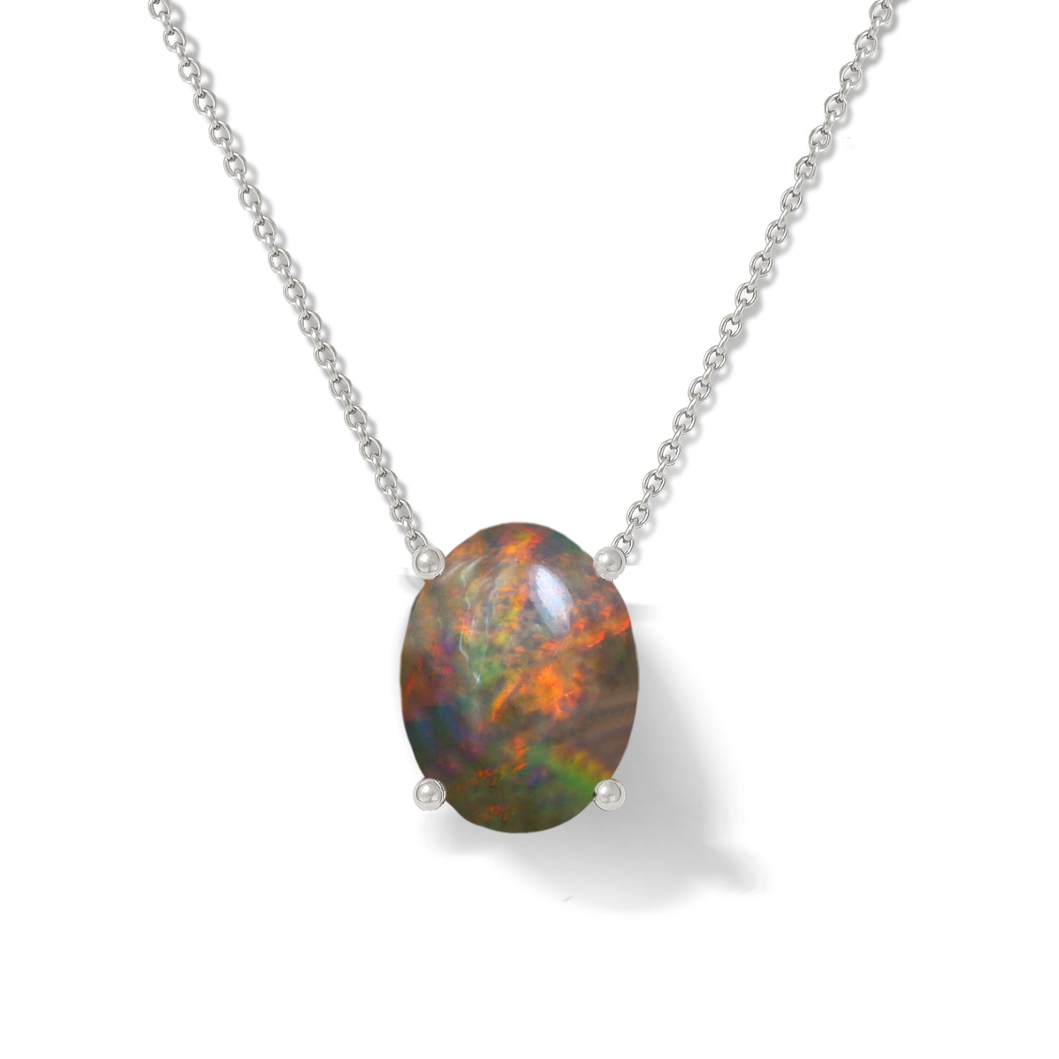 Black Opal Oval Stone Chain Solitaire Pendant Necklace in 925 Silver
