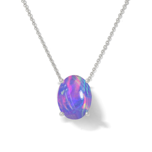 Lavender Opal Oval Stone Chain Solitaire Pendant Necklace in 925 Silver