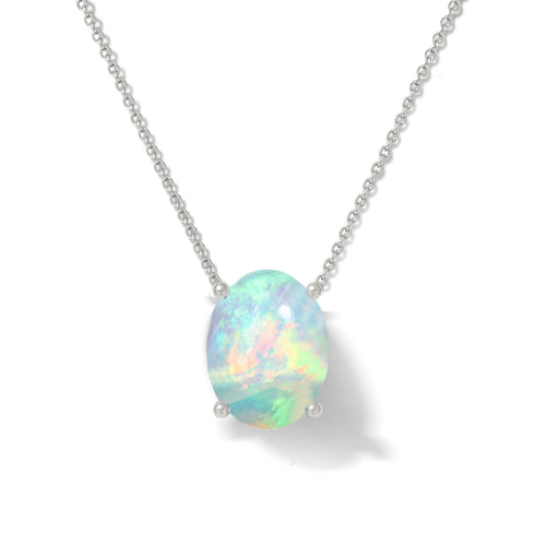 White Opal Oval Stone Chain Solitaire Pendant Necklace in 925 Silver