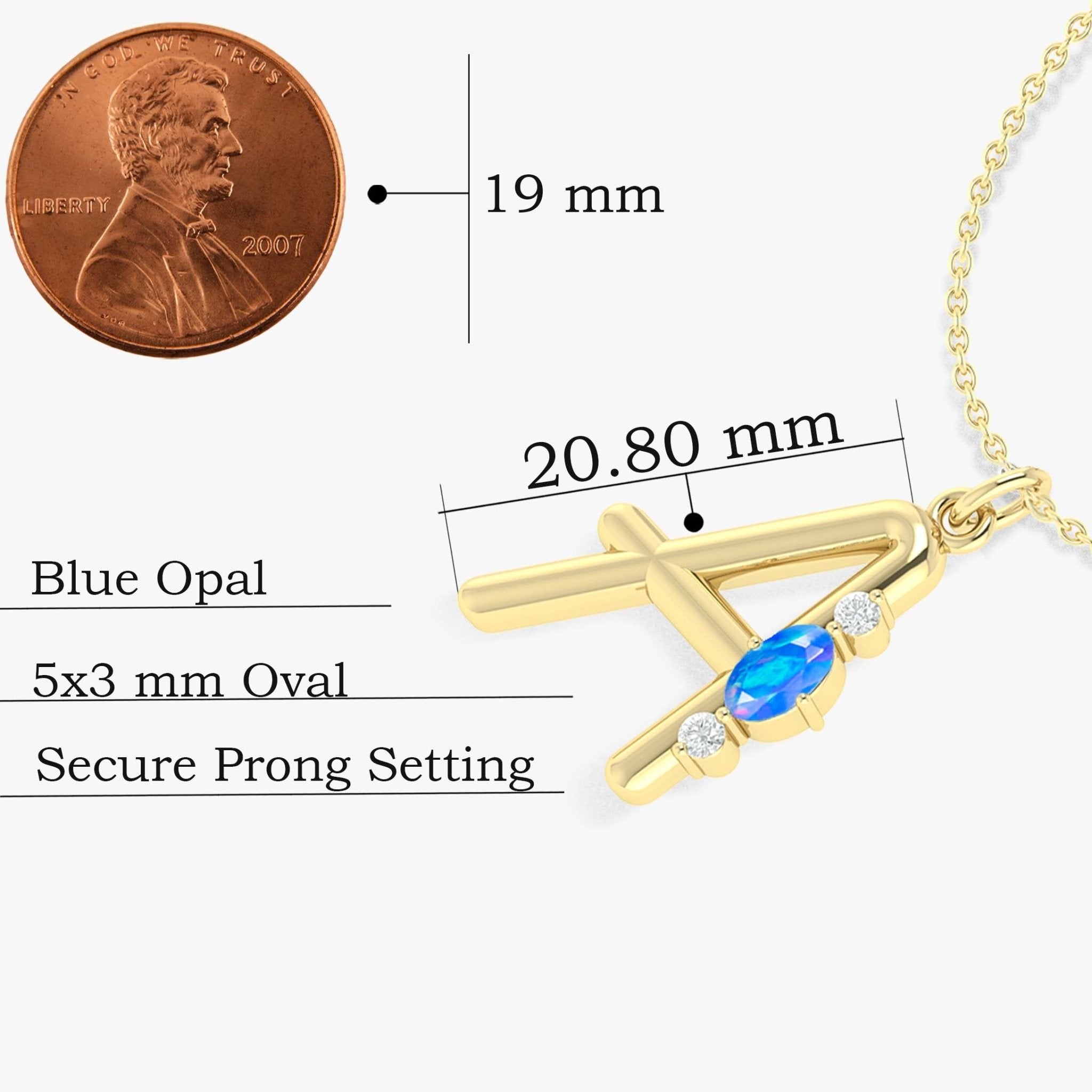 Alphabet Initial A Pendant Necklace with Natural Blue Opal & Zircon - Goodstone Jewels