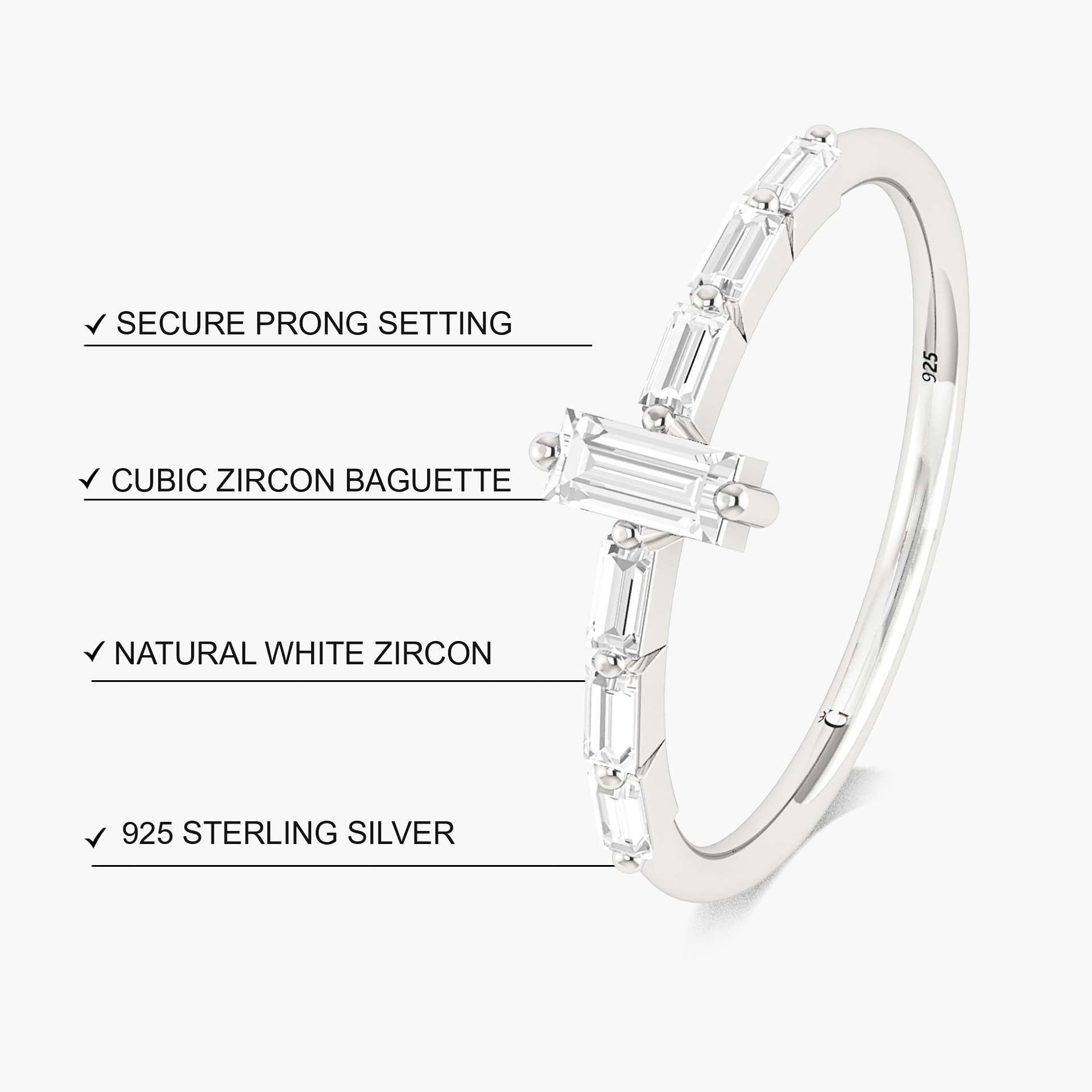 Baguette 7 Zircons in Elegant Prong Setting Ring - Goodstone Jewels