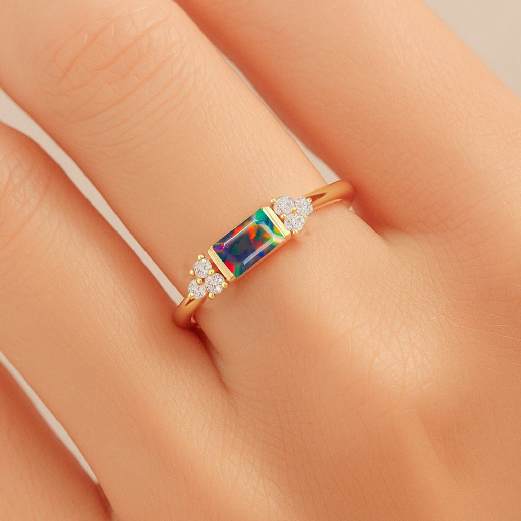 Baguette Shape Natural Black Opal Designer Ring in Gold Filled & Sterling Silver - Goodstone Jewels