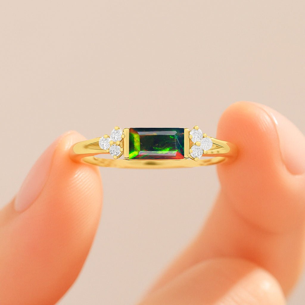 Baguette Shape Natural Black Opal Designer Ring in Gold Filled & Sterling Silver - Goodstone Jewels