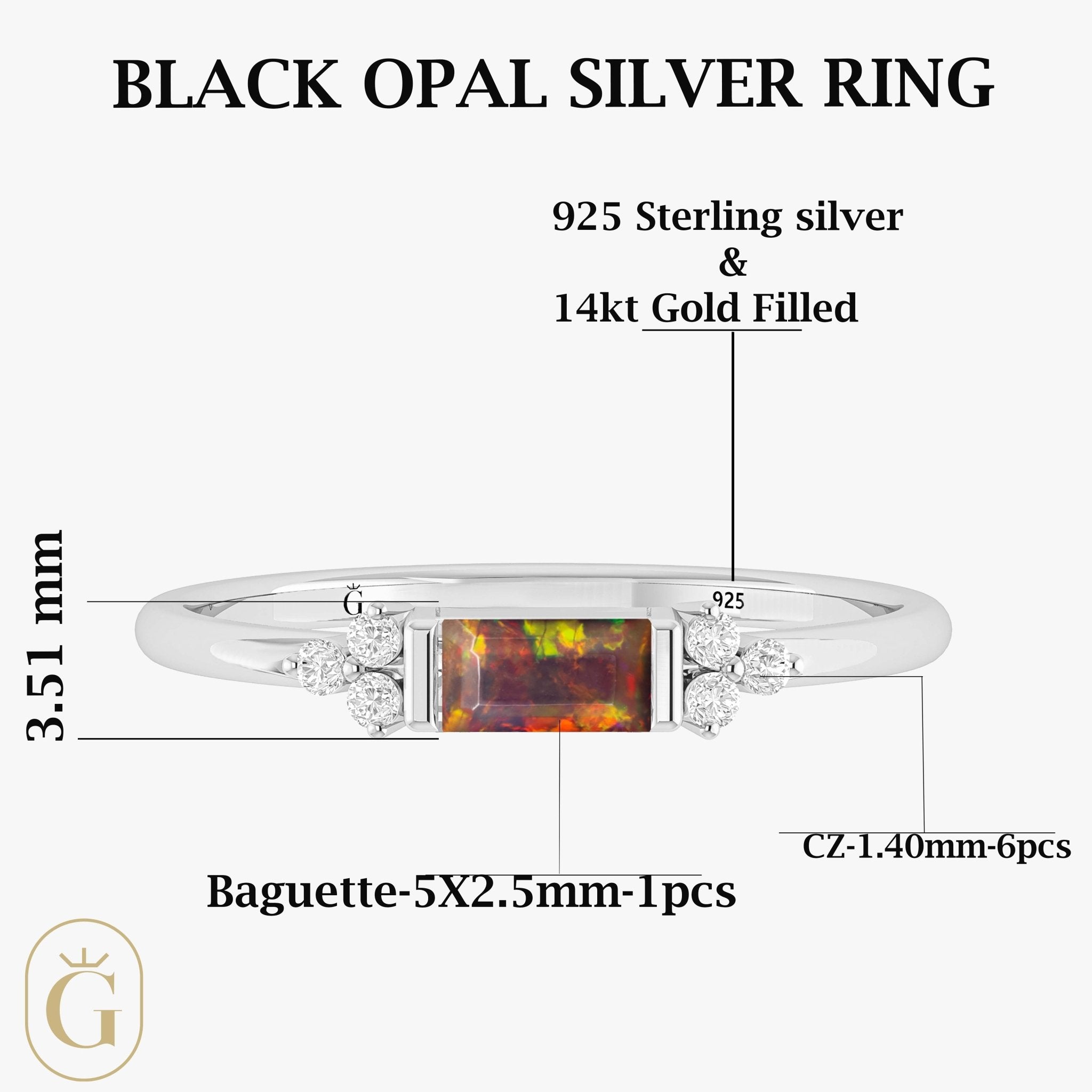 Baguette Shape Natural Black Opal Designer Ring in Gold Filled & Sterling Silver - Goodstone Jewels