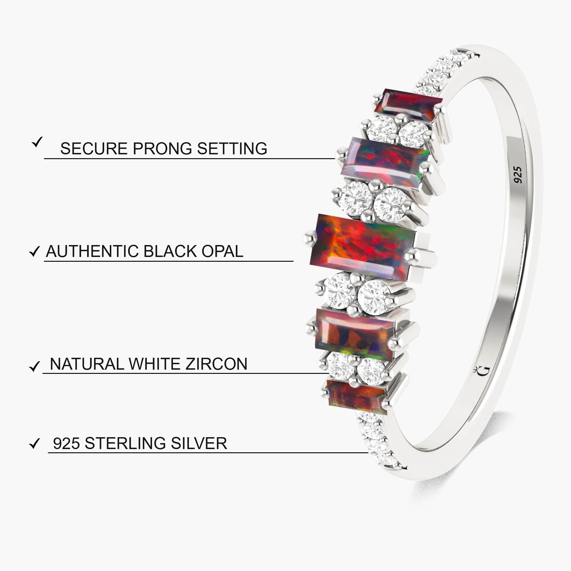 Baguette Shape Natural Black Opal Half Eternity Engagement Ring - Goodstone Jewels