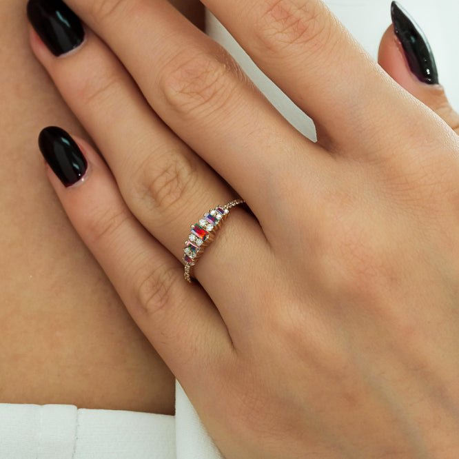 Baguette Shape Natural Black Opal Half Eternity Engagement Ring - Goodstone Jewels