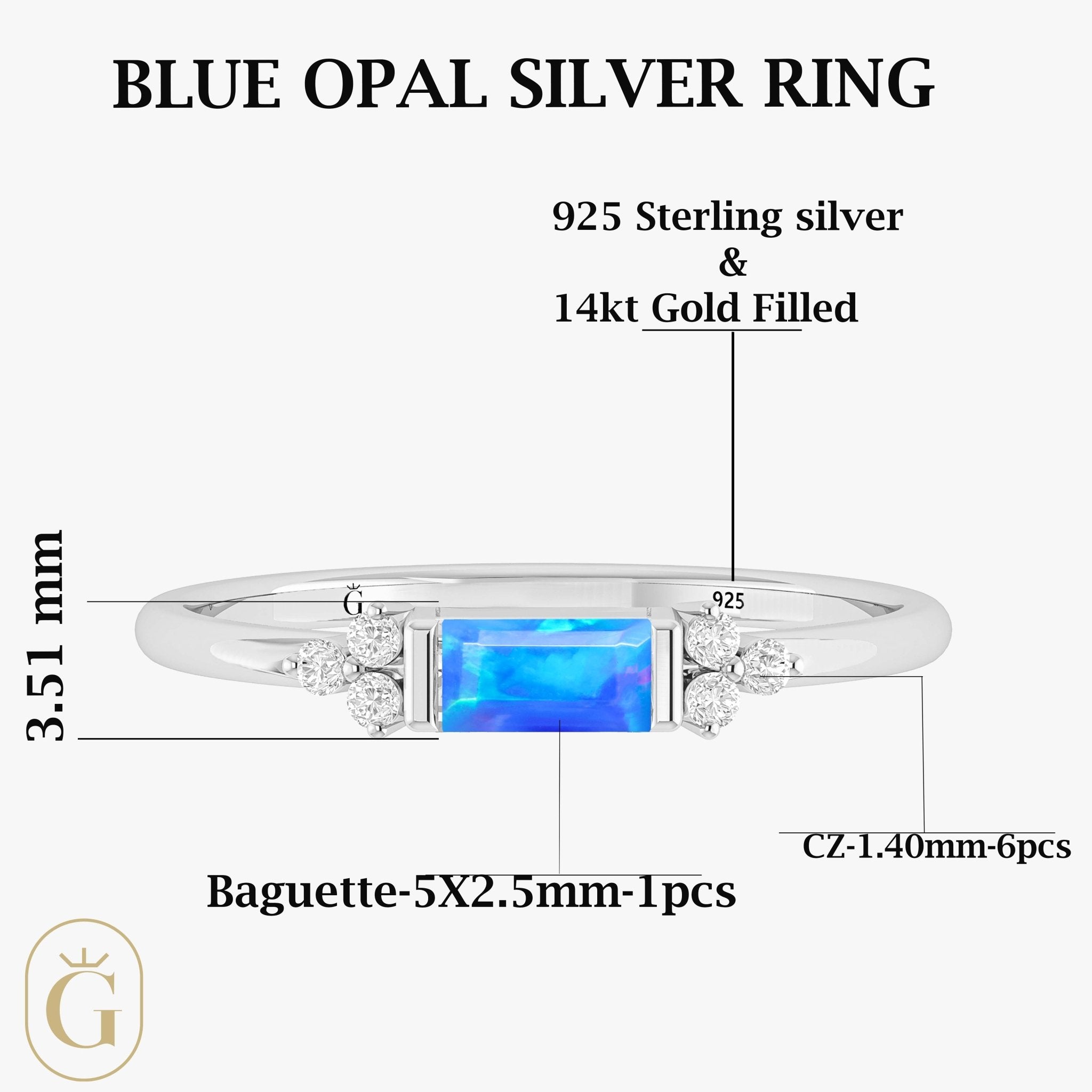 Baguette Shape Natural Blue Opal Designer Ring in Gold Filled & Sterling Silver - Goodstone Jewels