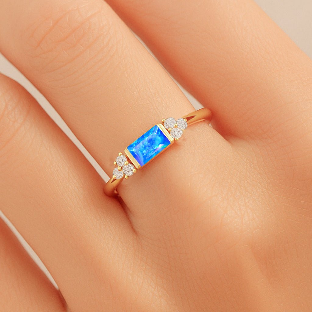 Baguette Shape Natural Blue Opal Designer Ring in Gold Filled & Sterling Silver - Goodstone Jewels