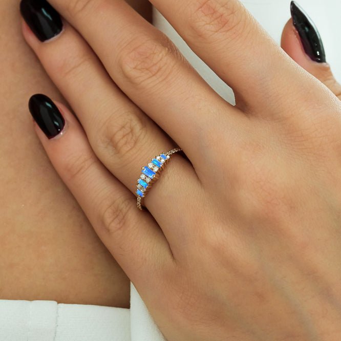 Baguette Shape Natural Blue Opal Half Eternity Engagement Ring - Goodstone Jewels