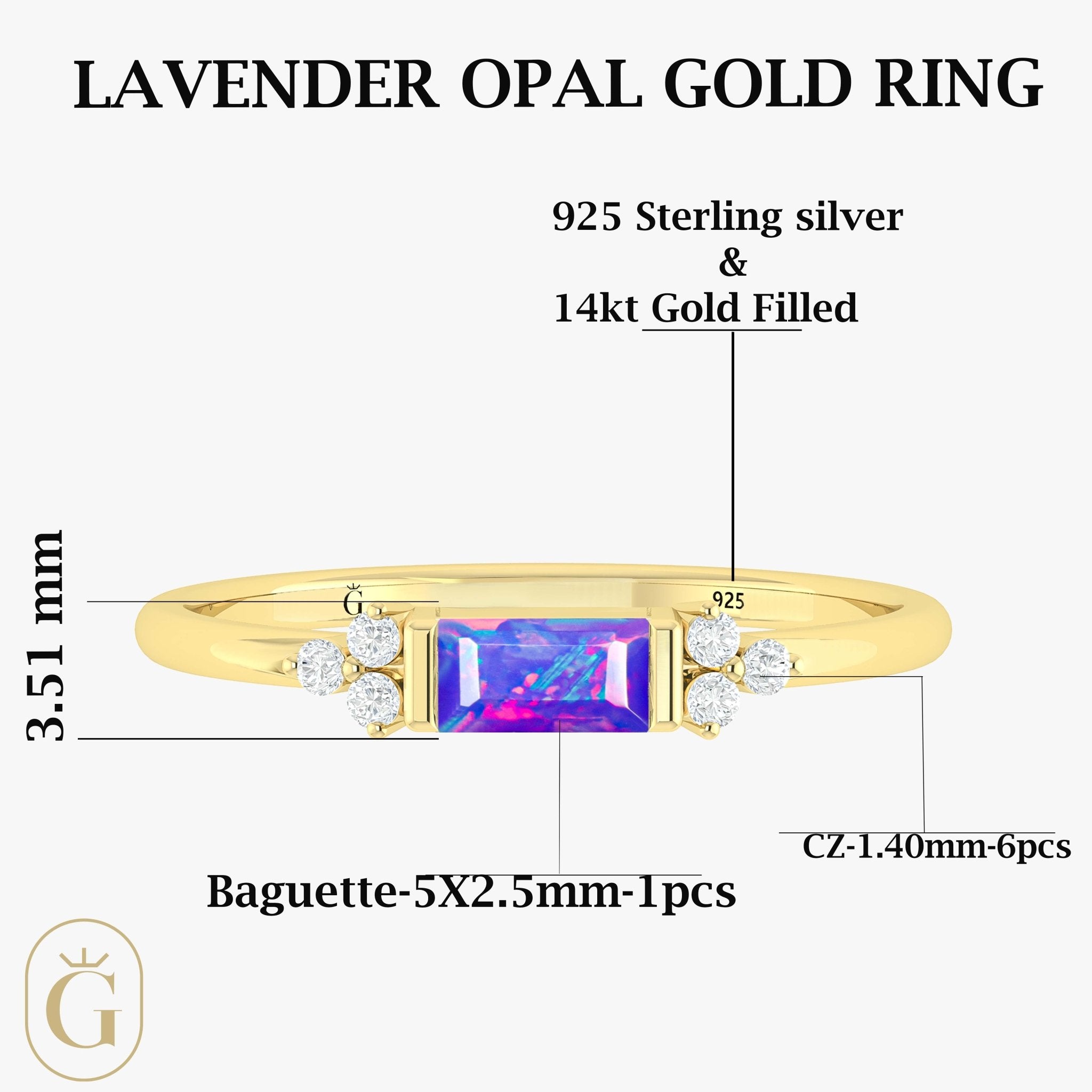 Baguette Shape Natural Lavender Opal Designer Ring in Gold Filled & Sterling Silver - Goodstone Jewels