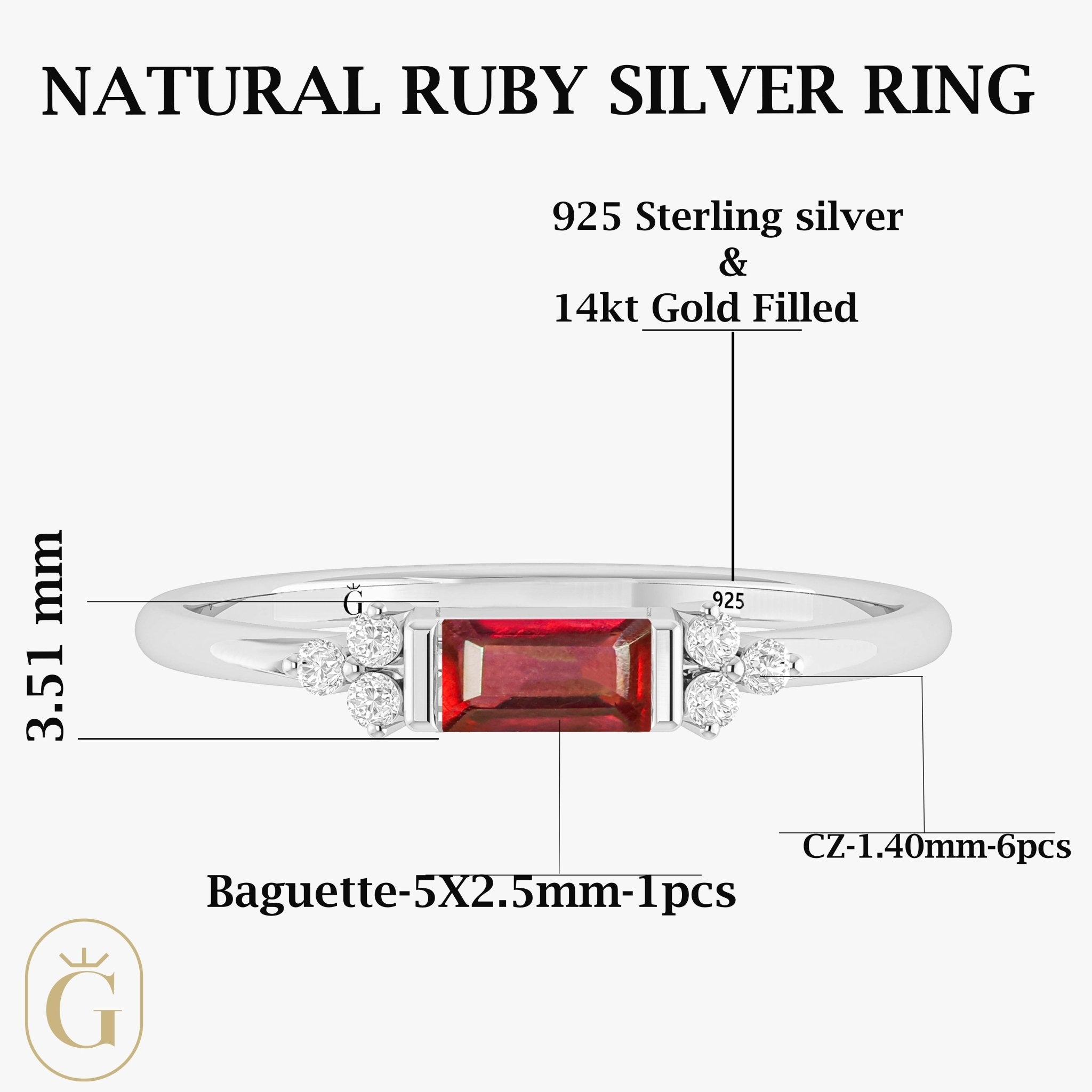 Baguette Shape Natural Ruby Designer Ring in Gold Filled & Sterling Silver - Goodstone Jewels