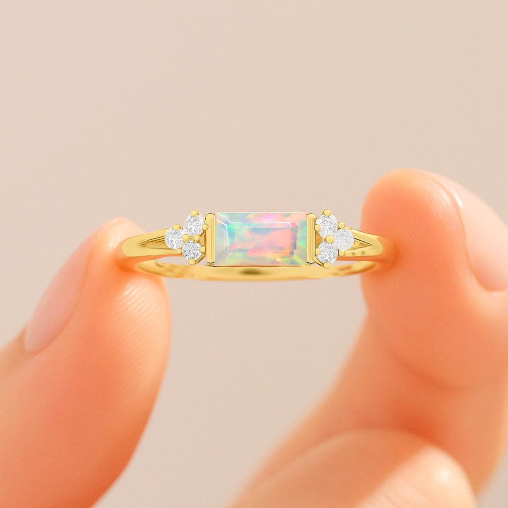 Baguette Shape Natural White Opal Designer Ring in Gold Filled & Sterling Silver - Goodstone Jewels