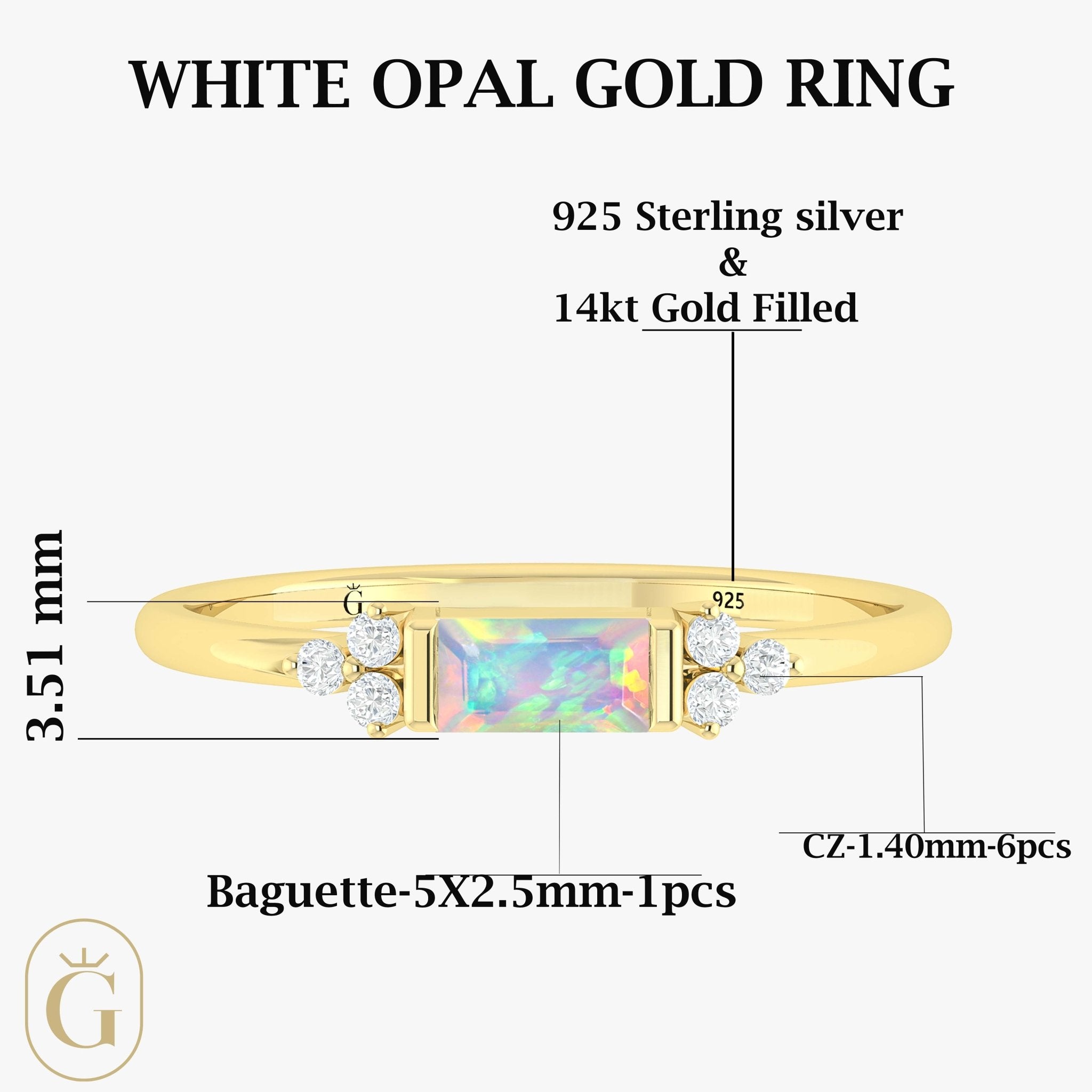 Baguette Shape Natural White Opal Designer Ring in Gold Filled & Sterling Silver - Goodstone Jewels