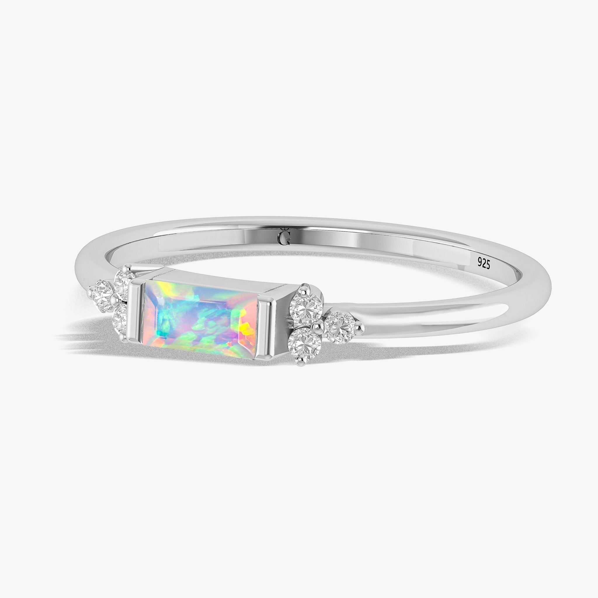 Baguette Shape Natural White Opal Designer Ring in Gold Filled & Sterling Silver - Goodstone Jewels