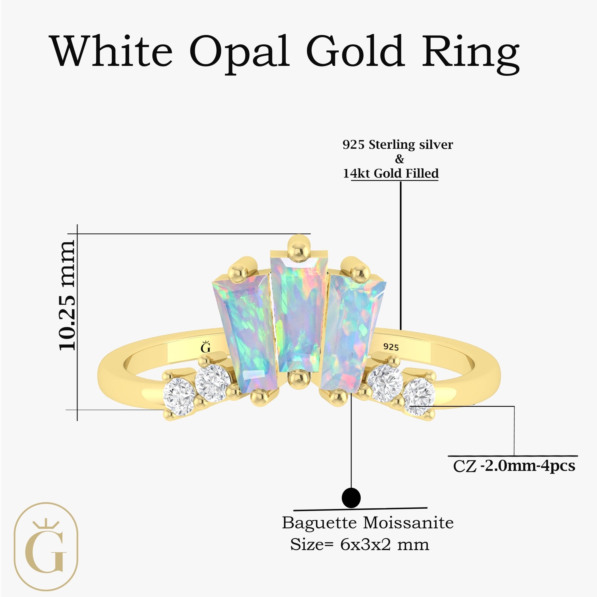 Baguette White Opal Ring with CZ - Goodstone Jewels