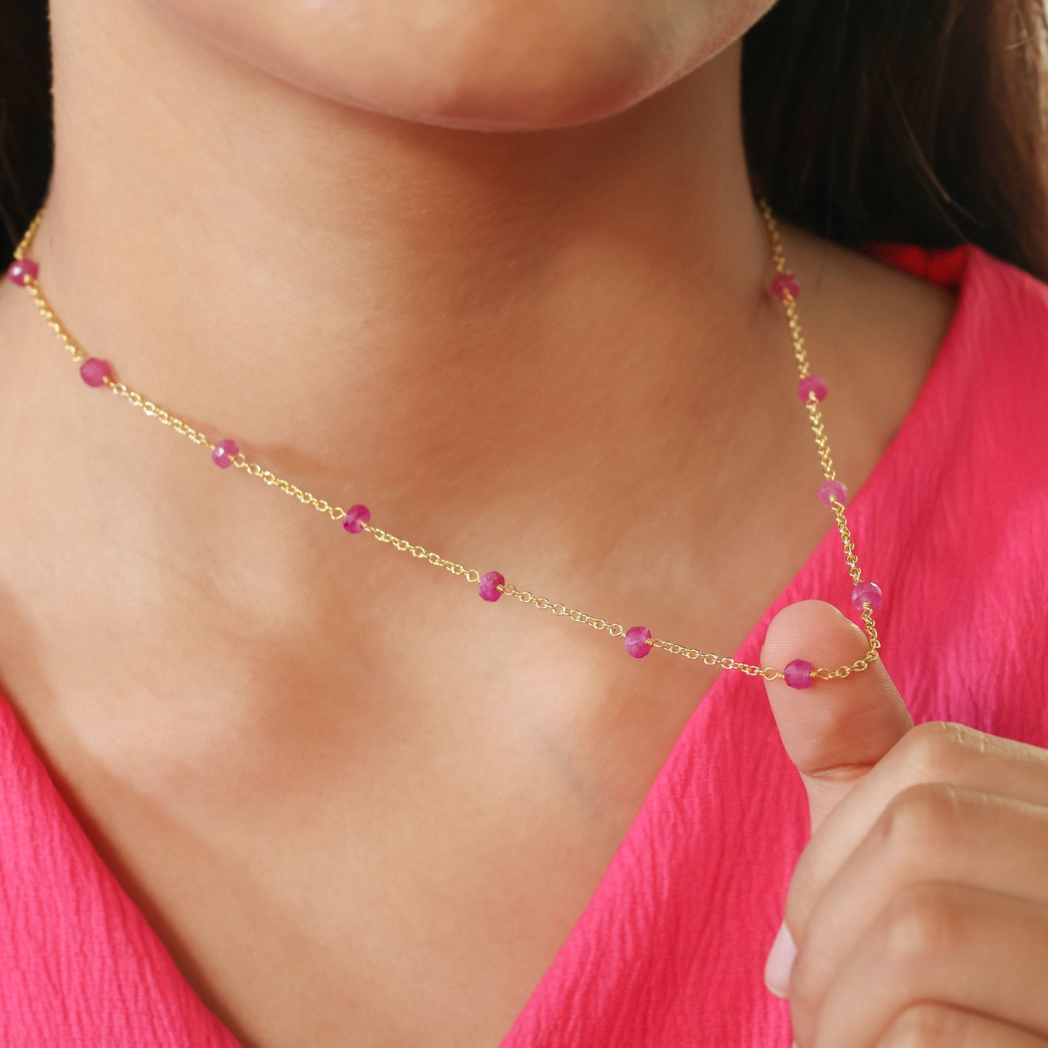 Beaded Chain Necklace for Women Natural Pink Ruby - Goodstone Jewels