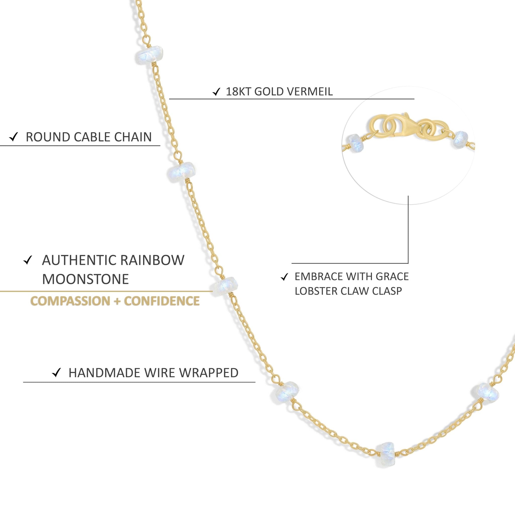 Beaded Chain Necklace for Women Natural Rainbow Moonstone - Goodstone Jewels
