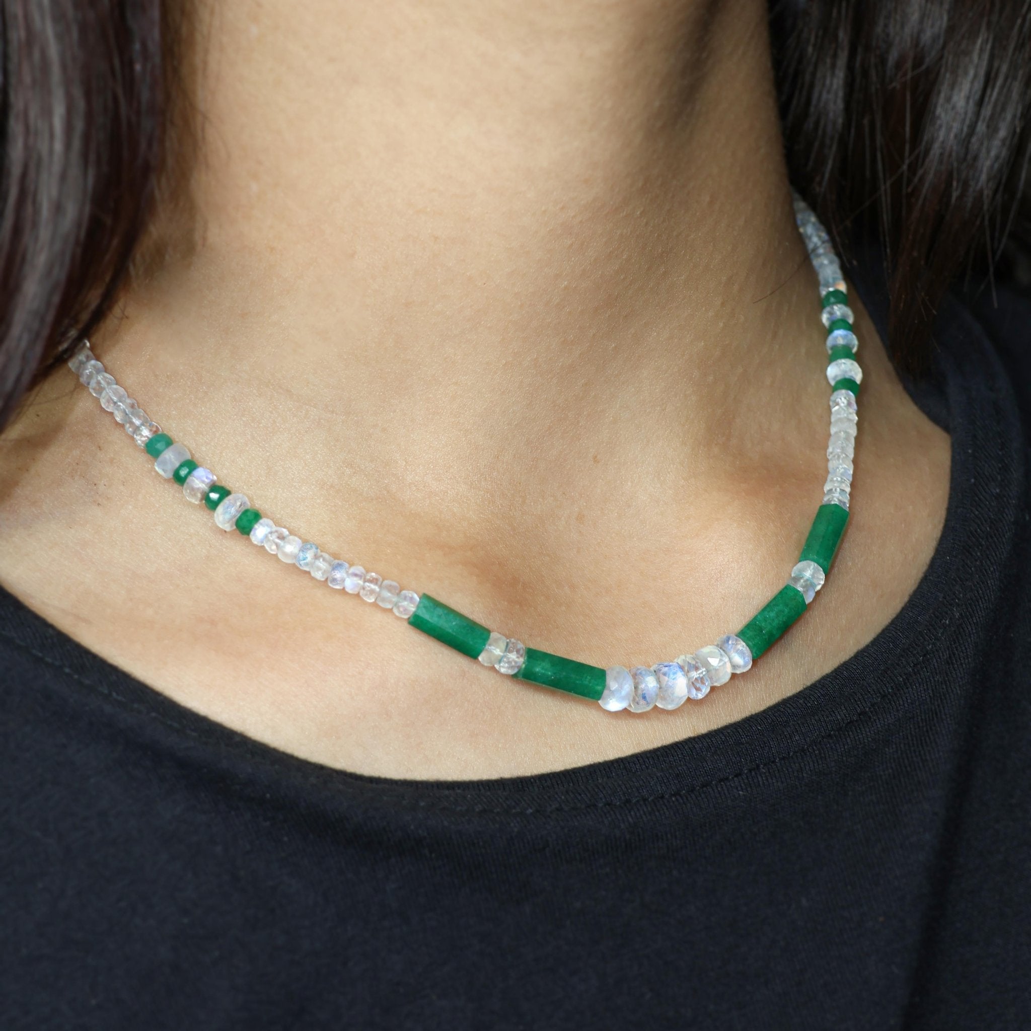 Beaded Pencil Necklace Natural Moonstone and Emerald - Goodstone Jewels