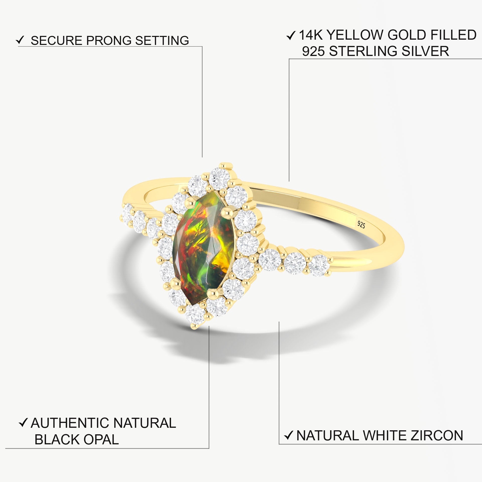 Beautiful black multi rainbow fire Marquise opal ring - Goodstone Jewels