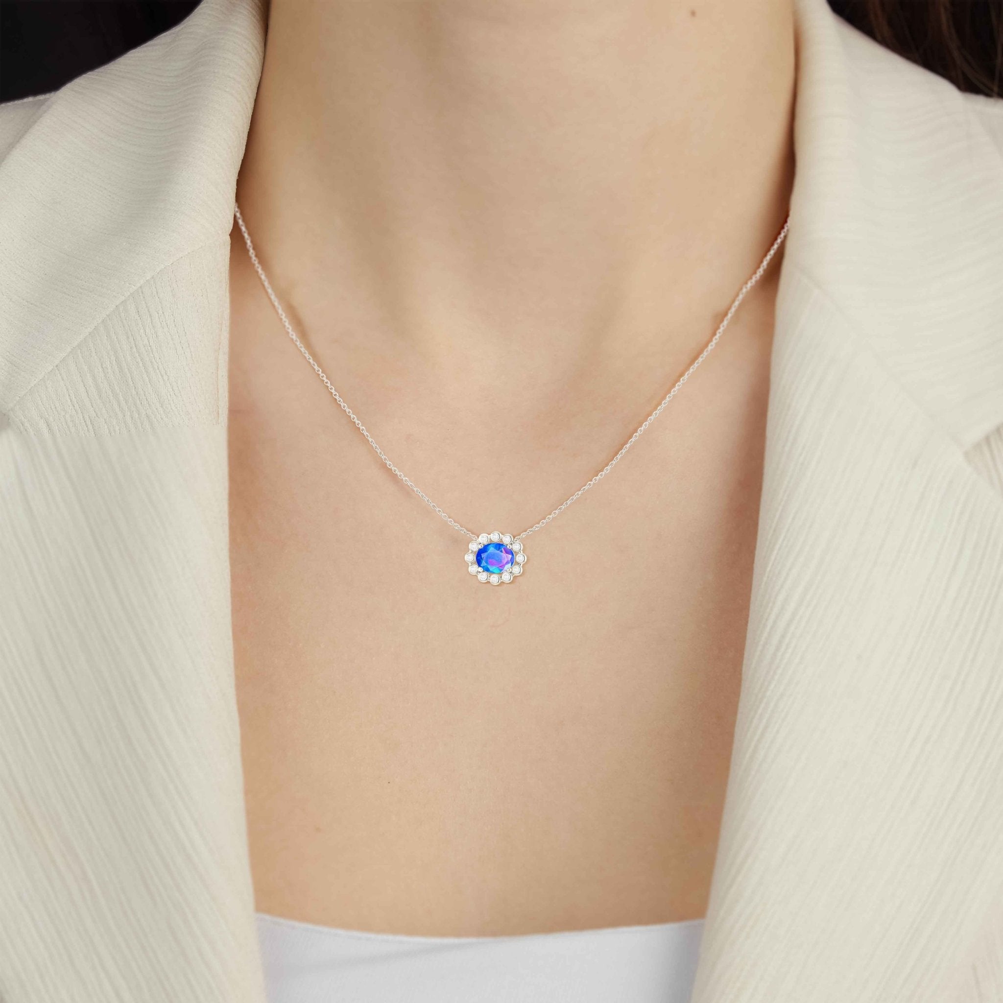 Bezel - Set Zircon Oval Blue Opal Pendant - Goodstone Jewels