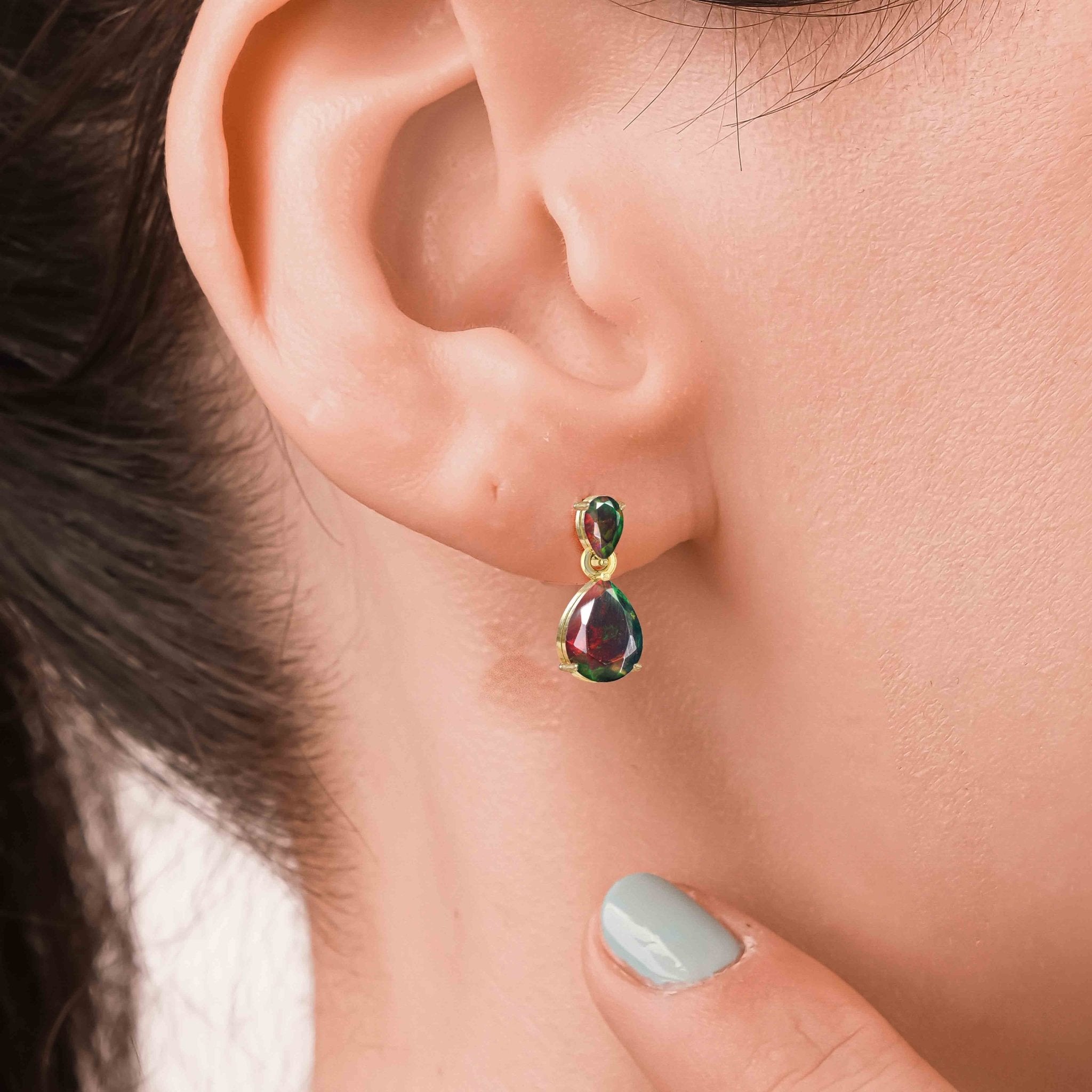Black Dual Opal Pear Drop Stud Earrings - Goodstone Jewels