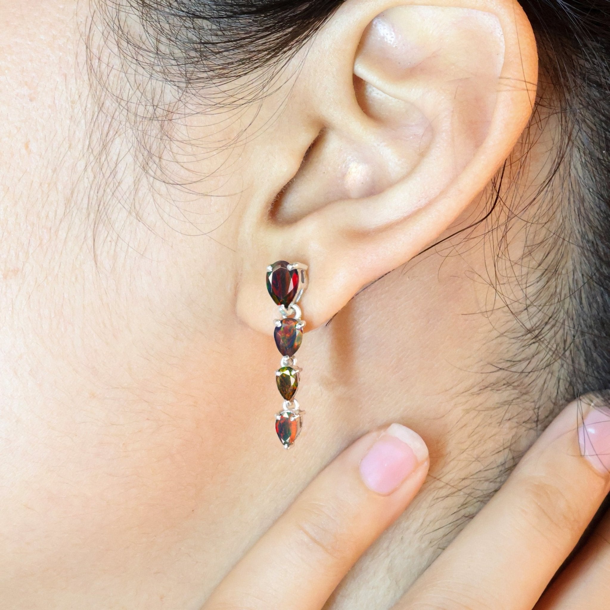 Black Multifire Opal Pear Drop Earrings - Goodstone Jewels