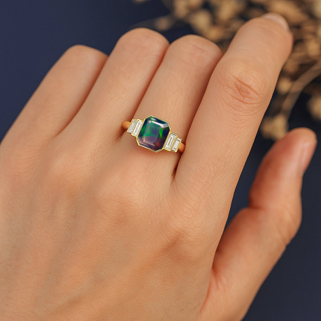 Black Opal Stackable Ring in Sterling Silver & Gold Plated October Birthstone - Goodstone Jewels
