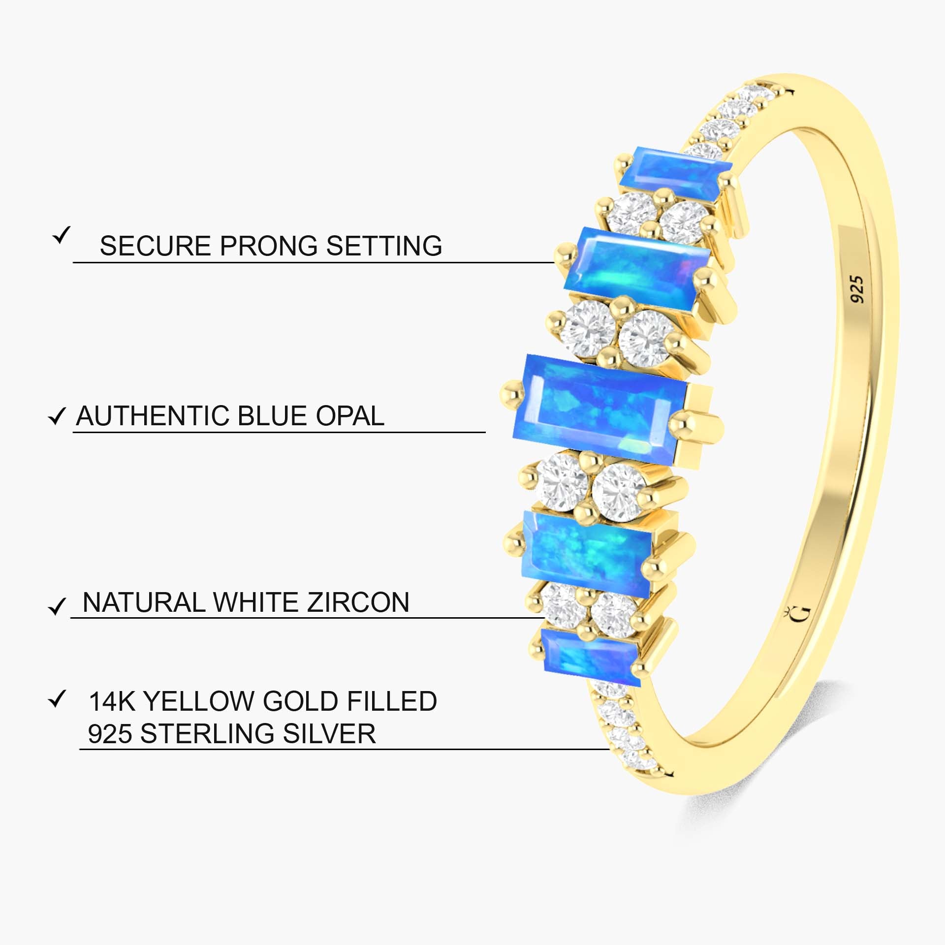 Blue Baguette Fire Opal Gemstone Ring - Goodstone Jewels