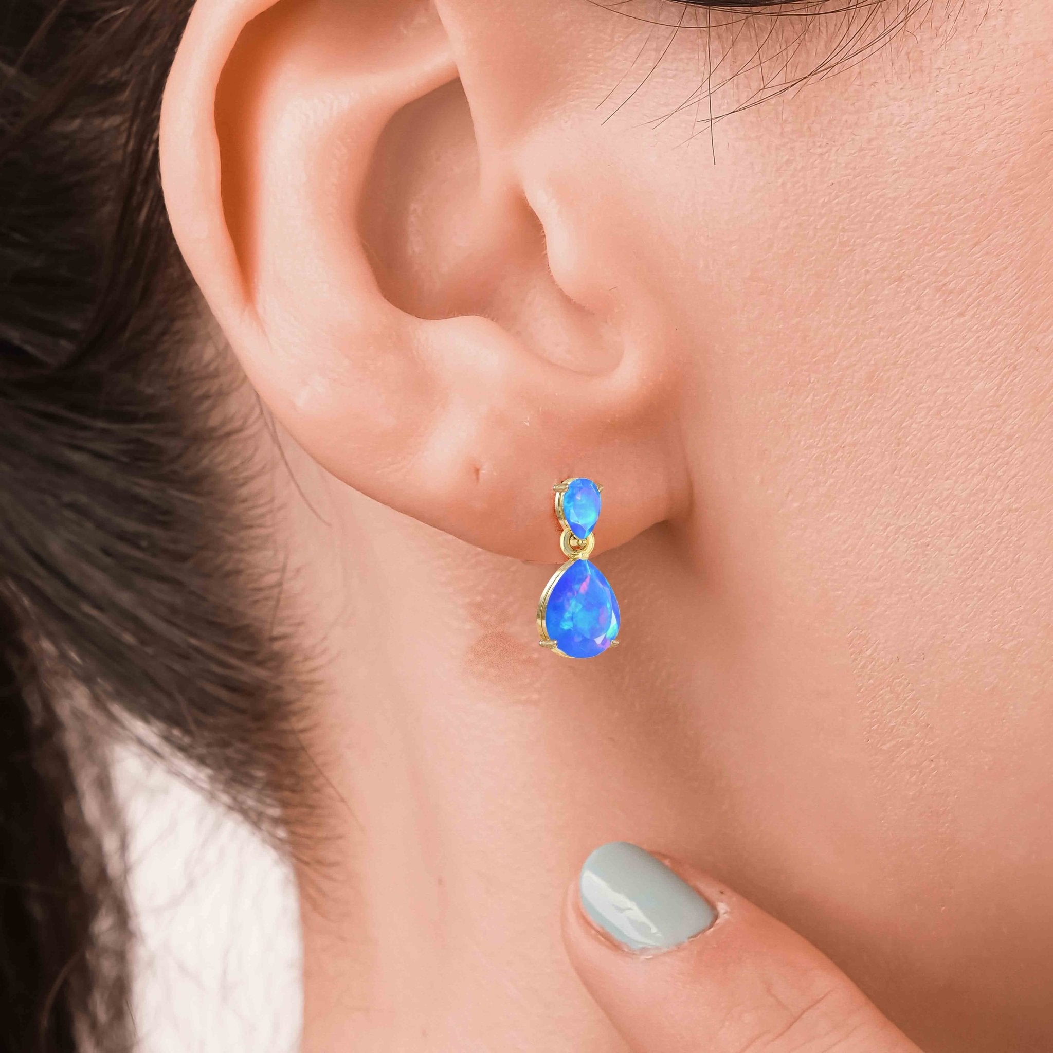 Blue Dual Opal Pear Drop Stud Earrings - Goodstone Jewels